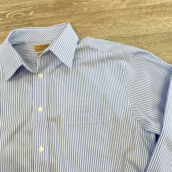 Roundtree & Yorke Gold Label Fitted Non-Iron Point Collar Striped Dress Shirt XL - Picture 2 of 7
